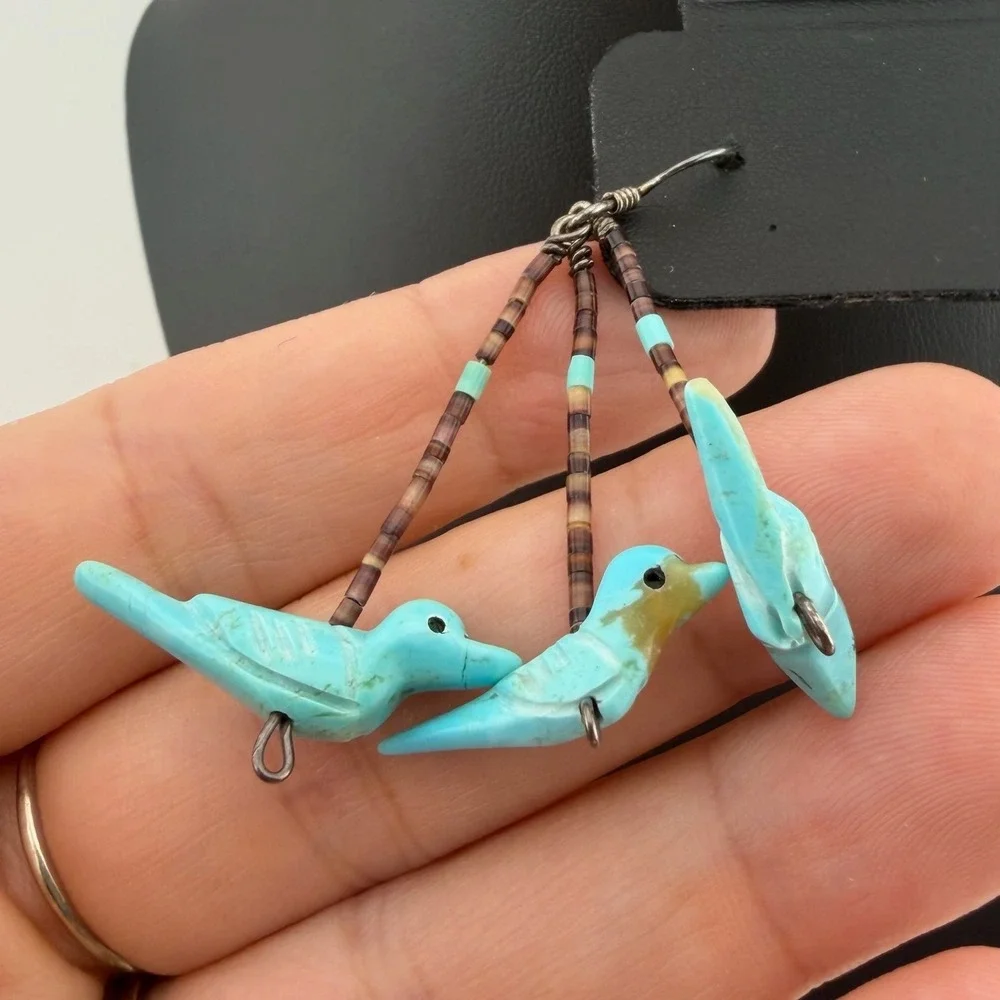 Native American Zuni Fetish Turquoise Bird Dangle Earrings Heishi Shell Boho